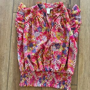 Joie Pink Floral Flutter Sleeve and Ruched Top